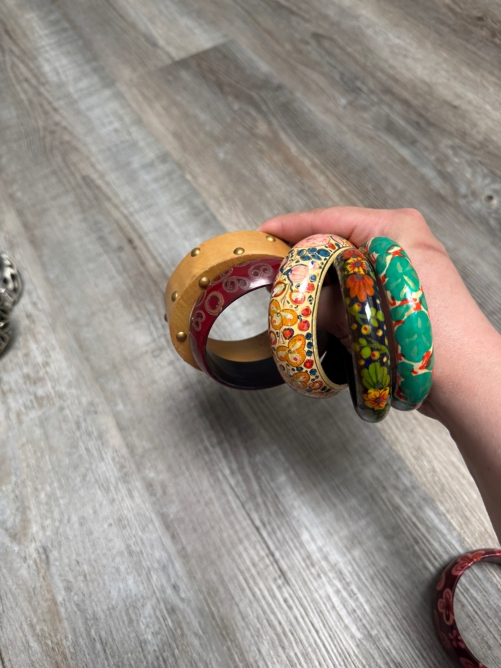 Floral Printed Resin Bangle Bracelet - Peach & Teal